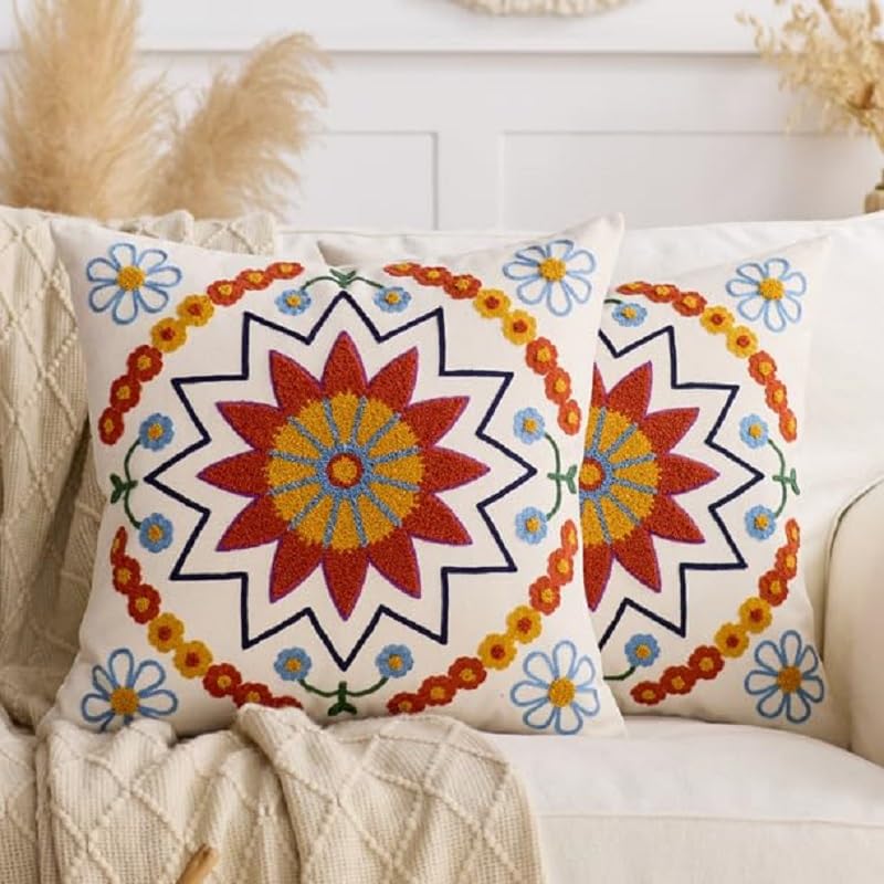 Boho Throw Pillows,18x18 Accent Throw Pillow Covers,Bohemian Embroidered Textured Cushion Case,Sunflower Decorative Farmhouse Pillowcase for Couch Sofa Bedroom Living Room Home Decor Orange