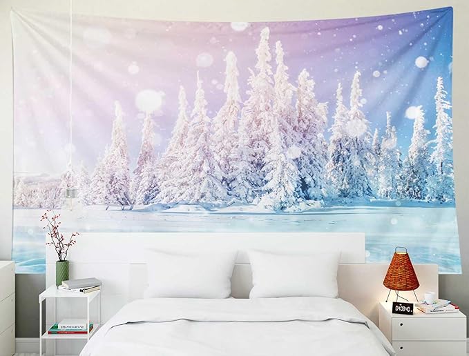EMMTEEY Enchanted Forest Landscape Art - Blue Ice Lake Frozen Magical Snow Tree Tapestry - 60x40, Perfect for Living Room