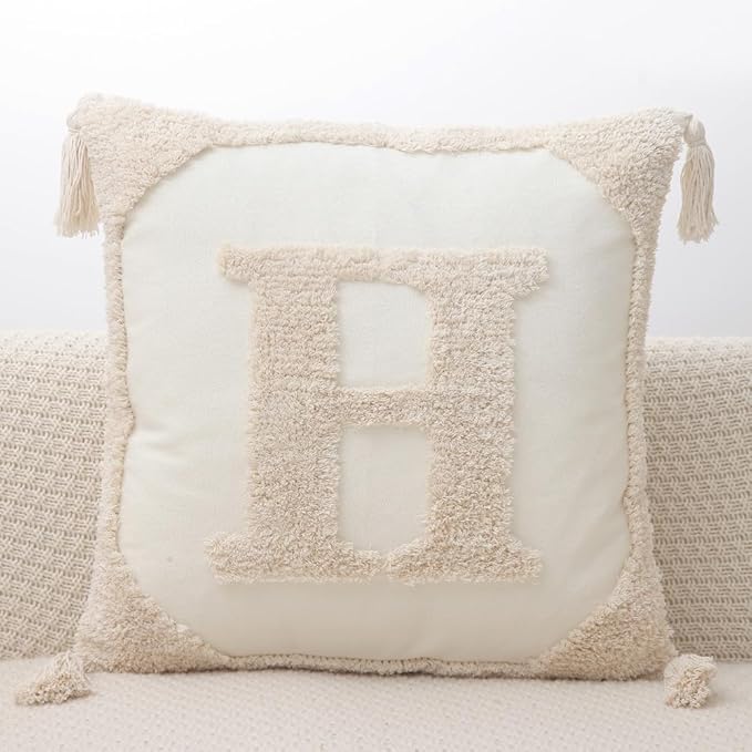 Monogram Pillow Covers with Tassels 18”x18” Modern Cotton Canvas Tufted Alphabet H Throw Pillow Covers for Sofa Couch Bed 26 English Letters Decorative Pillow Case for Sofa Throw Pillows
