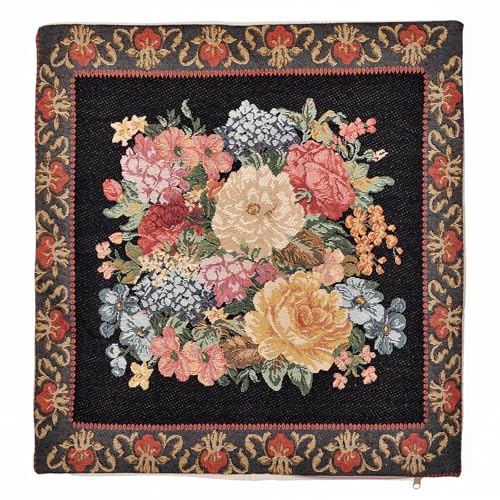 Jacquard Woven Floral Throw Pillow Cover | Vintage Tapestry Decorative Cushion for Sofa Couch Bed Decor | European Classic Home Accent Pillow Sham 16x16 Inch (Multicolored Flowers on Black) - color: Multicolored Flowers on Black