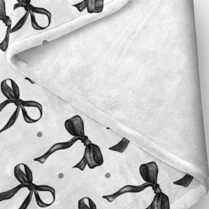 Black Bow Throw Blanket Girly Trendy Funky Preppy Blanket Coquette Flannel Soft Lightweight Aesthetic Cute Bow Classroom Decor for Sofa Couch Travel Bed Christmas Halloween Decor 40"x50"