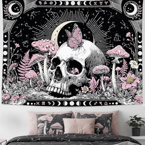 Accnicc Gothic Skull Tapestry Goth Skeleton Butterfly Mushroom Tapestries Wall Hanging Witchy Plant Floral Celestial Constellation Large Tapestry for Bedroom Living Room Dorm 80 x 60 inch - color: Pink White, size: 80"L x 60"W