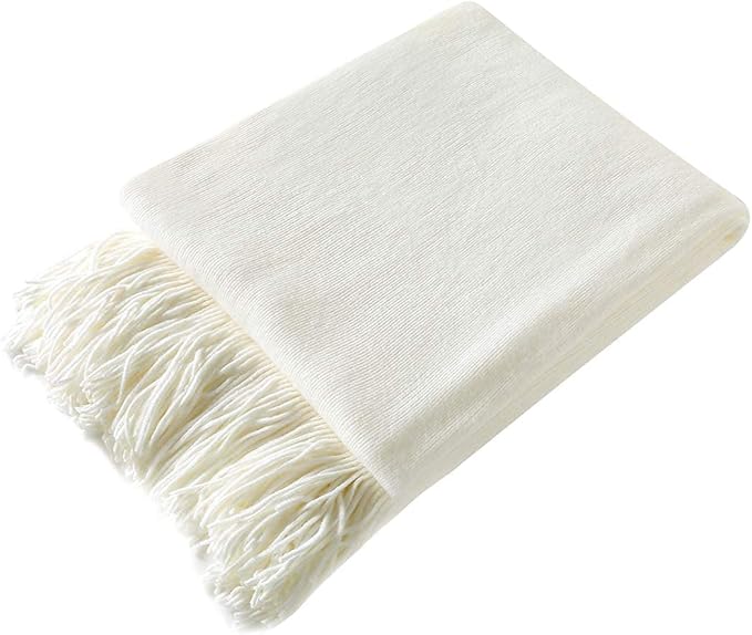 Homiest Decorative Knitted Throw with Fringe, Lightweight Acrylic Knit Blanket, Soft & Cozy Tassel Blanket for Couch, Sofa, Bed (Ivory White, 60 x 80 Inch)