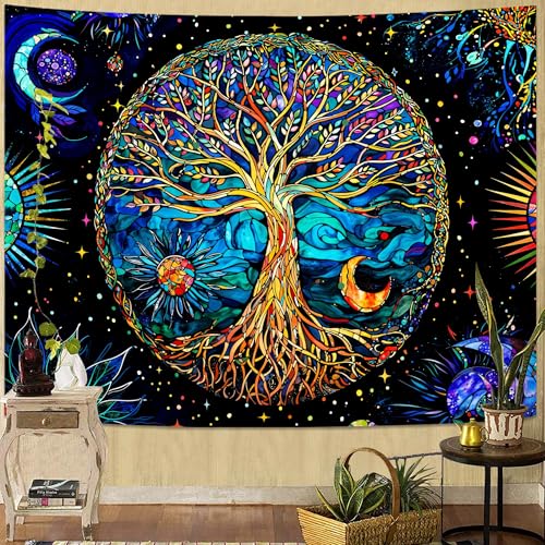 Spenlife Stained Glass Tree of Life Tapestry Fantasy Tapestry for Bedroom Colorful Tapestries Wall Hanging Bedroom Living Room Wall Art and Home Decor 44x60 - color: Blue, size: 60"L x 44"W