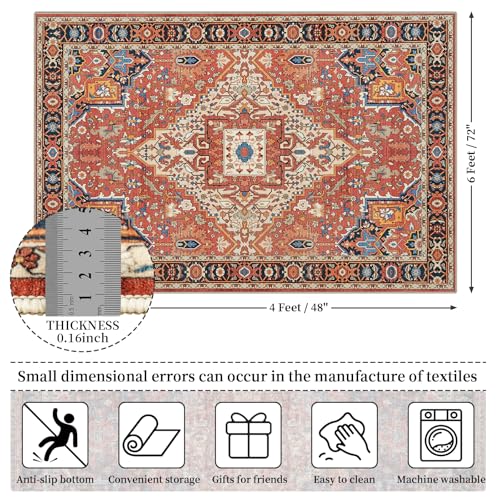 Amearea Vintage Design Orange Area Rugs for Living Room, 4x6 Machine Washable Floral Collection Traditional Bedroom Rug, Low Pile Dinning Room Carpet, No Slip Office Kitchen Home Decor, Orange - color: Orange, size: 4' X 6' (Rectangular)