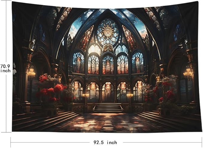 EMMTEEY Gothic Cathedral Room Tapestry 92.5X70.9 Inch - Vintage Interior Wall Art Medieval Fantasy Backdrop for Bedroom Dorm