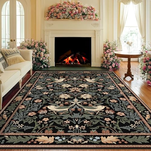 8'x10' Area Rugs Washable,Boho Rug for Living Room Bedroom Dining Room,Large Farmhouse Botanical Bohemian Distressed Oriental Carpet Non Slip,Black Floral Bird - color: Black Floral Bird, size: 8'x10'