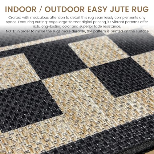 Washable Checkered Easy Jute Rug 3x5, Black Checkerboard Geometric Outdoor Indoor Patio Small Bordered Rugs, Woven Non Slip Thin Neutral Carpet Mat for Bedroom Entryway Front Door Farmhouse - color: Checkerboard -1 Black / Nature, size: 3' x 5'