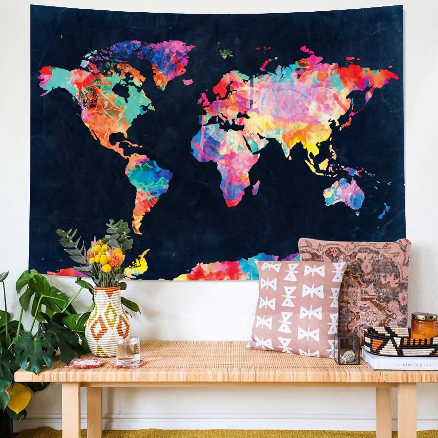 World Map Watercolor Tapestry Wall Hanging for Bedroom Living Room Travel Decor - color: World Map, size: 59.1"L x 51.2"W