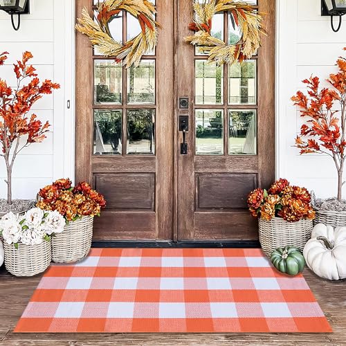 Orange and White Plaid Rug, 28'' x 43'' Fall Front Door Decor Mat, Cotton Washable Hand-Woven Door mat for Layered Doormat, Autumn Halloween Thanksgiving Carpet for Porch, Entryway - color: Orange & White Plaid, size: 2'4" x 3'7" (Rectangular)