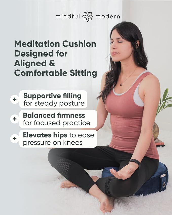 Mindful Modern Velvet Meditation Cushion | Luxe Zafu Yoga Floor Pillow Seat | Posture Support | Buckwheat Hull Filled | Large Round Cushion with Removable Washable Cover + Carry Handle