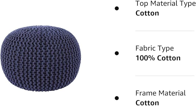 REDEARTH · Round Pouf Foot Stool Bean Bag Ottoman - Cable Knitted Cord Boho Pouffe - Poof Accent Bean Bag - Handmade by Artisans for Living Room - Bedroom (19.5"x19.5"x14") - Navy Blue
