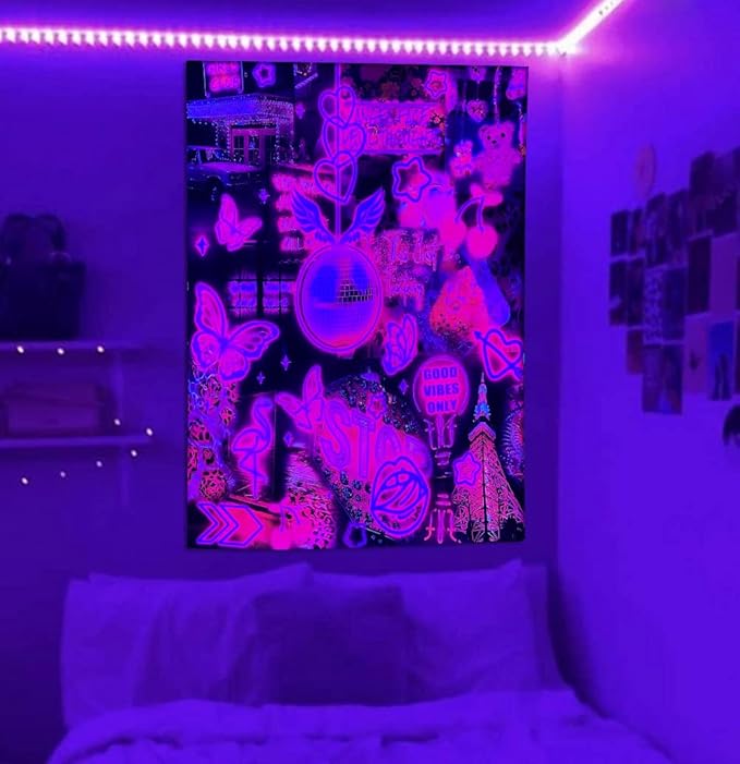 Pink Neon Sign Tapestry for Bedroom Blacklight Tapestry Glow in the Dark Neon Backdrop Trendy Butterfly Tapestries Wall Hanging Aesthetic Room Decor Black Light Poster Large Wall Mural Art 60x80 Inch