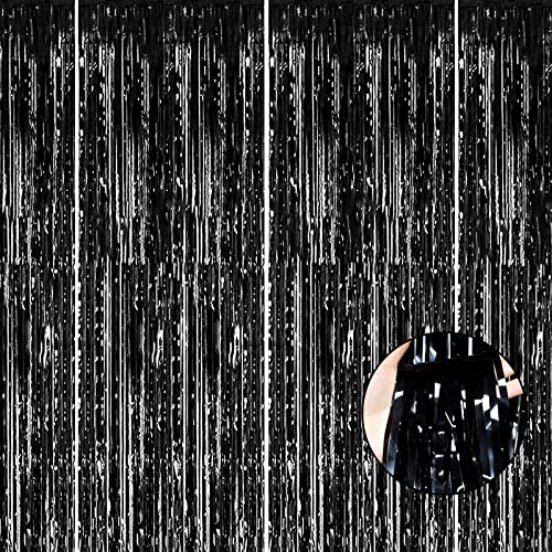 4 Pack Black Foil Fringe Curtain Backdrop, 3.28Ft x 8.2Ft Metallic Tinsel Streamer Curtains for Party, Photo Booth Props, Birthday, 2022 Graduation Decoration Party Supplies - color: Black