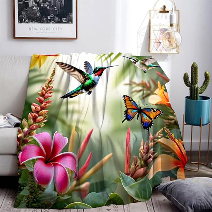 Summer Hummingbird Floral Throw Blanket for Women Kids Girls Mom Farmhouse Purple Flower Bird Pretty Blankets Nursery Bedroom Mother's Day Decor Soft Cozy Lightweight Blanket Throw 40"x50"