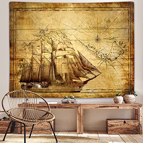 Old Map Tapestry, Vintage Nautical Pirate Treasure World Map Art Tapestries Wall Hanging for Men Bedroom College Dorm Living Room Office Decor 80X60, Fun Pirate Ship Poster Blanket - color: Map-2, size: 60"L x 80"W