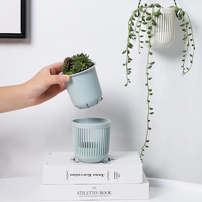 Melphoe 3.5‘’ Two-Piece Succulent Planters Pots with Drainage, Flexible Removable Handle, Flower Pots for Mini Plants, Small Hanging Planter for Wall, Window, 6 PCAK, White