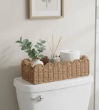 CubesLand Paper Rope Scalloped Edge Toilet Paper Storage Basket, Small Living Room, Bedroom Decor Baskets for Over Toilet Storage Shelf, End Table, Shelves and More, with 2 Wooden Handle, Neutral