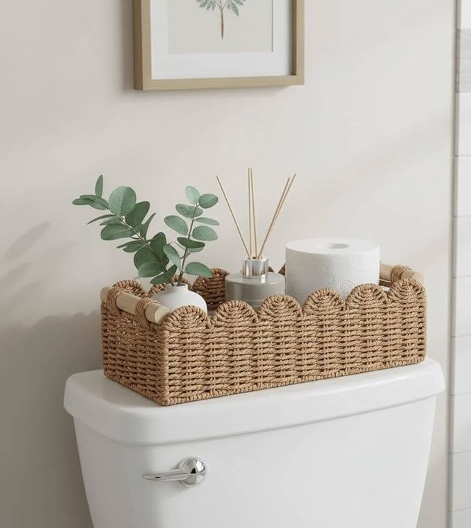 CubesLand Paper Rope Scalloped Edge Toilet Paper Storage Basket, Small Living Room, Bedroom Decor Baskets for Over Toilet Storage Shelf, End Table, Shelves and More, with 2 Wooden Handle, Neutral
