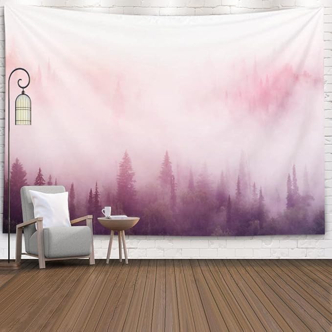 EMMTEEY Foggy Forest in the Pink Mist at Sunup - Pink Aesthetic Tapestry 92.5x70.9