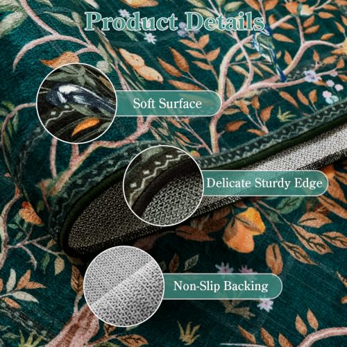 Morebes Boho Floral 2x6 Kitchen Runner Rug, Washable Hallway Rug Runner Non Slip, Soft Botanical Flower Indoor Floor Carpet Runner for Bathroom Entryway Laundry Room, Dark Green - color: Dark Green, size: 2' x 6' (Rectangular)
