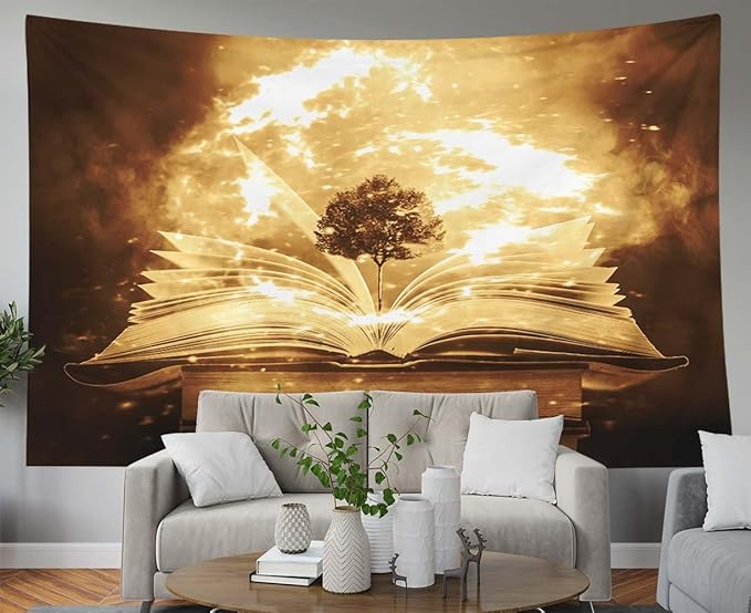 EMMTEEY Vintage Book Ceiling Tapestry 92.5X70.9 Inch - Knowledge Tree Living Room Wall Decor Dark Academia Witchy Backdrop for Study Room Office