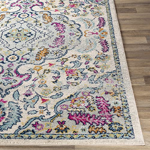 Hauteloom Errol Living Room, Bedroom Area Rug - Medallion Floral Border Distressed Damask - Traditional Oriental Turkish Boho Transitional - Pink, Aqua, Light Slate, Cream, Teal - 5'3" x 7'3" - color: Pink, Aqua, Light Slate / Errol, size: 5'3" x 7'3" (Re