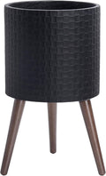 D'vine Dev 12 Inch Modern Geometric Tile Patterned Sleek Planter Pot with Stand, Indoor Outdoor Decorative Plant Holder, Matte Black, 88-Z-C-2
