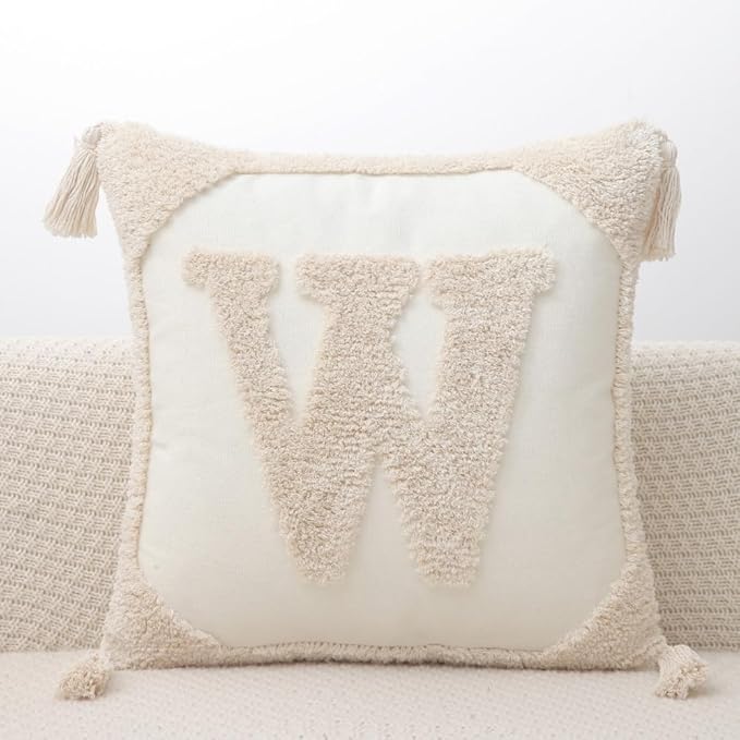 Monogram Pillow Covers with Tassels 18”x18” Modern Cotton Canvas Tufted Alphabet W Throw Pillow Covers for Sofa Couch Bed 26 English Letters Decorative Pillow Case for Sofa Throw Pillows