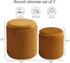 Round Set of 2 Ottoman with Storage-Upholstered Velvet Vanity Stool for Makeup Multifunctional Ottomans Coffee Table Padded Seat Foot Rest for Living Room&Bedroom (Yellow)