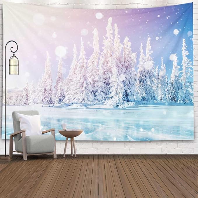 EMMTEEY Enchanted Forest Landscape Art - Blue Ice Lake Frozen Magical Snow Tree Tapestry - 60x40, Perfect for Living Room