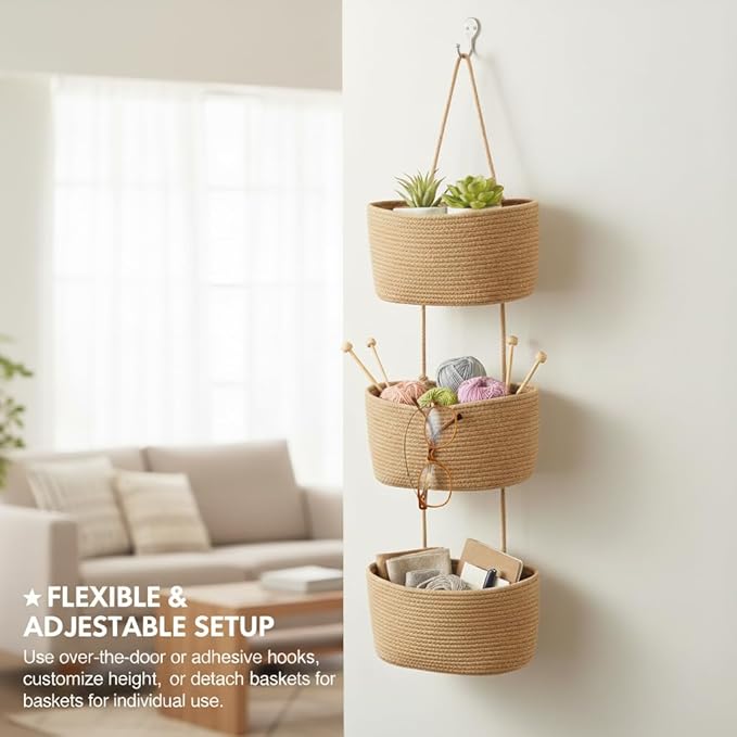 Over the Door Organizer, 3-Tier Hanging Storage Basket with Hooks, Cotton Back of Door Organizer for Living Room, Bedroom, Boho Wall Decor, Toy Storage, Jute
