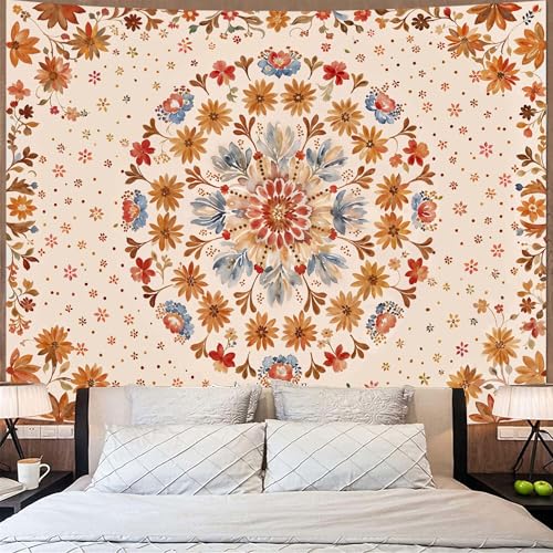 Fowocu Boho Floral Mandala Tapestry Wall Hanging Watercolor Bohemian Flower Medallion Tapestry Aesthetic Beige Orange Hippie Indian Large Tapestries for Bedroom Living Room Dorm Decor 80 x 60 Inch - color: Beige Orange, size: 80"L x 60"W