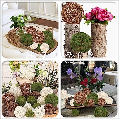 USMOLA 18Pcs Decorative Balls for Centerpiece Bowl - 6Pcs Fake Moss Balls + 12Pcs Rattan Wicker Balls, Artificial Moss Decorative Balls Vase Fillers for Home Garden Wedding Party Decor (Rustic)
