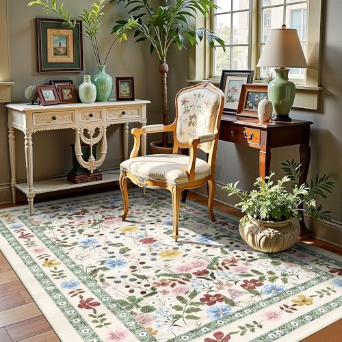 Floral Area Rugs 3x5 Small Thin Entryway Rug - Vintage Boho Washable Non-Slip Living Room Carpet Soft Low Pile Bedroom Floor Mat Indoor Home Decor for Dining Room Playroom Farmhouse, Beige/Green/Multi - color: Beige/Green/Multi, size: 3' x 5' (Rectangular