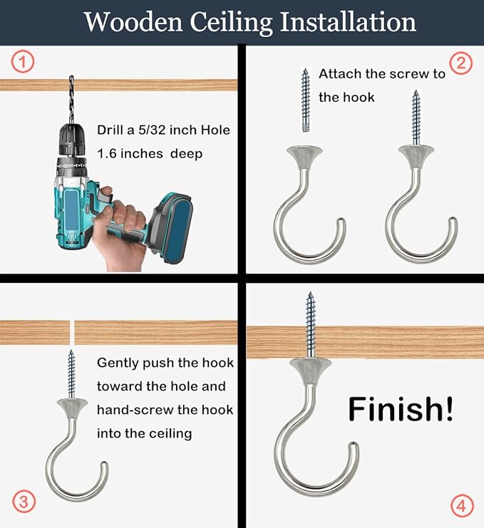 2 Sets Heavy Duty Swag Ceiling Hooks 2.4 Inch, Chrome Finish, Holds Up to 30lbs, for Hanging Plants & Lights, Easy Install on Wood, Concrete & Drywall (Chrome)