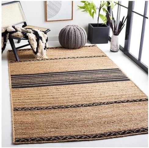 SAFAVIEH Natural Fiber Collection Area Rug - 6' Square, Natural & Black, Handmade Stripe Boho Farmhouse Rustic Braided Jute, Ideal for High Traffic Areas in Living Room, Bedroom (NFB262Z)