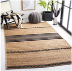 SAFAVIEH Natural Fiber Collection Area Rug - 6' Square, Natural & Black, Handmade Stripe Boho Farmhouse Rustic Braided Jute, Ideal for High Traffic Areas in Living Room, Bedroom (NFB262Z)