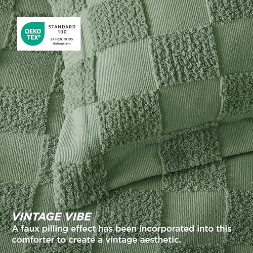 Bedsure Green Queen Size Comforter Set, Boho Tufted Bed Set, Checkered Farmhouse-Style Distressed Vintage Bedding, 3 Pieces, 1 Plaid Geometric Comforter and 2 Pillow Shams - color: 02 - Green - Tufted Checkboard, size: Queen