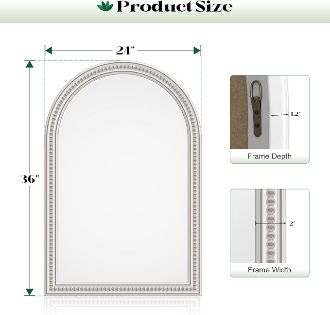 Farmhouse Arched Wall Mirror, 24" x 36" Arched Boho Mirror with Beaded, Arch Rustic Wooden Frame Decorative Wall Mirrors for Bathroom, Vanity, Living Room, Entryway