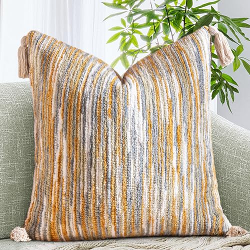 AmHoo Boho Throw Pillow Cover Decorative Bohemian Woven Tufted Striped Farmhouse with Tassels Textured Cushion Case Pillowcase Neutral for Sofa Couch Bed 18 x 18-Inch Light Grey - color: Light Grey, size: 18" x 18" (Pack of 1)