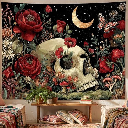 Lifeel Gothic Skull Tapestry, Gothic Hippie Mushroom Flower Aesthetics Moon Tapestries for Room Decor, 44x60 inches - color: Red, size: 60"L x 44"W