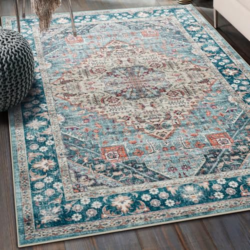 Amearea Vintage Design Blue Area Rugs for Living Room, 4x6 Machine Washable Floral Collection Traditional Bedroom Rug, Low Pile Dinning Room Carpet, No Slip Office Kitchen Home Decor, Light Blue - color: Light Blue, size: 4' X 6' (Rectangular)
