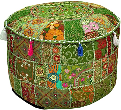 The Harry Creations Decorative Patchwork Comfortable Indian Ottoman Ethnic Cotton Cushion Designs Floor Embroidered Pouf Cover (Emerald, 18"x13") - color: Emerald, size: 18"x13"