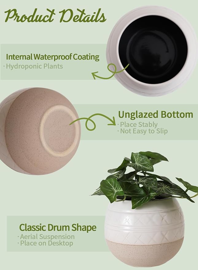 TAMAYKIM 6 Inch Ceramic Hanging Plant Pot with Macrame Plant Hanger, Drum Shape Small Flower Planter for Indoor Outdoor, Balcony Garden Decor, White with Beige