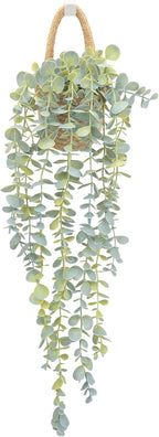 Fake Hanging Plant Decor Indoor, Eucalyptus Artificial Faux Plants in Wall Woven Planters, Jute Hanger with Black Pot Soft Green 1PCS 23Inch Long