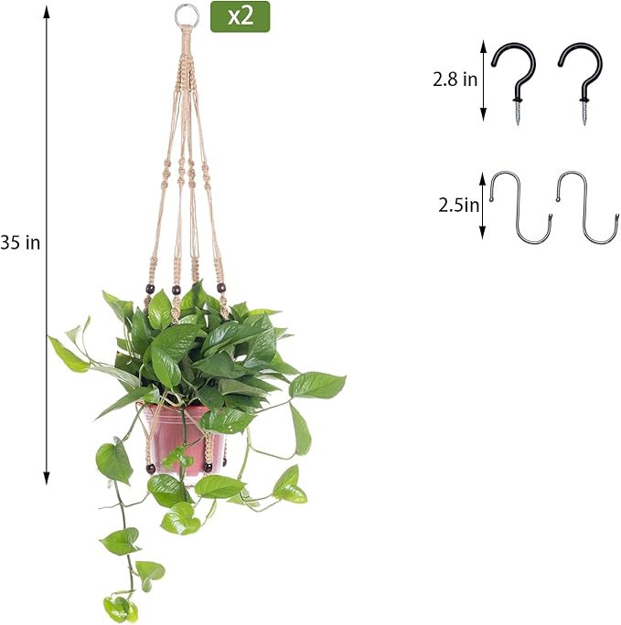 2 Pack Macrame Plant Hanger Indoor, Indoor Outdoor Hanging Planter Basket Decorative with 4 Hooks, Flower Pot Holder for Boho Home Decor (Brown)
