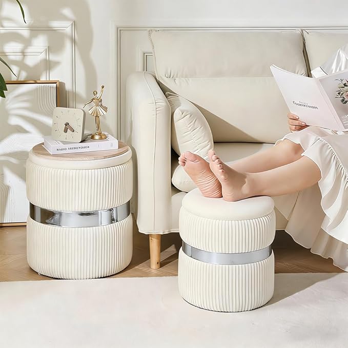 Round Storage Ottoman Set of 2 - Multi-Functional Footrest & Vanity Stool for Living Room, Space-Saving Side Table with Hidden Compartment, Sturdy Seating for Small Apartments & Bedroom, White