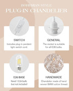 Boho Plug in Pendant Light Macrame Lamp Shade, Hanging Lamp with Plug in Cord,On/Off Switch,Bohemian Hanging Light Fixtures That Plug Into Wall Outlet for Bedroom Decor Living Room