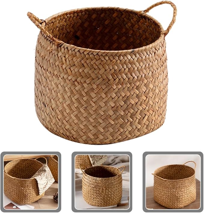 Ciieeo Japanese Style Woven Storage Basket Handles Handcrafted Decorative Organizer for Cosmetics Flower Arrangement or Nursery Natural Grass Weave for Home Decor